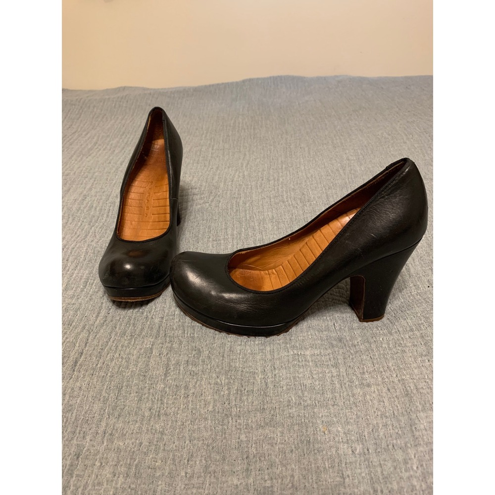CHIC MIHARA Black Leather‎ Platform Block Heel Pumps Shoes Women's Size 38.5